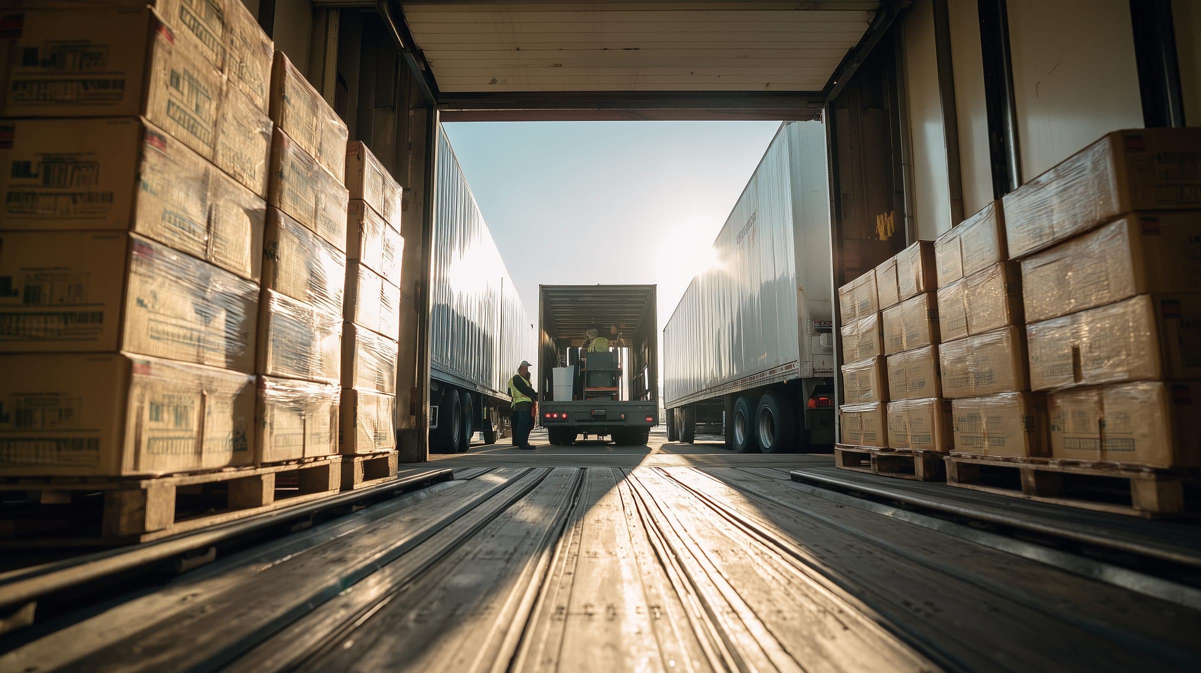 Pallets of boxed produce loading into a refrigerated trailer at a busy dock