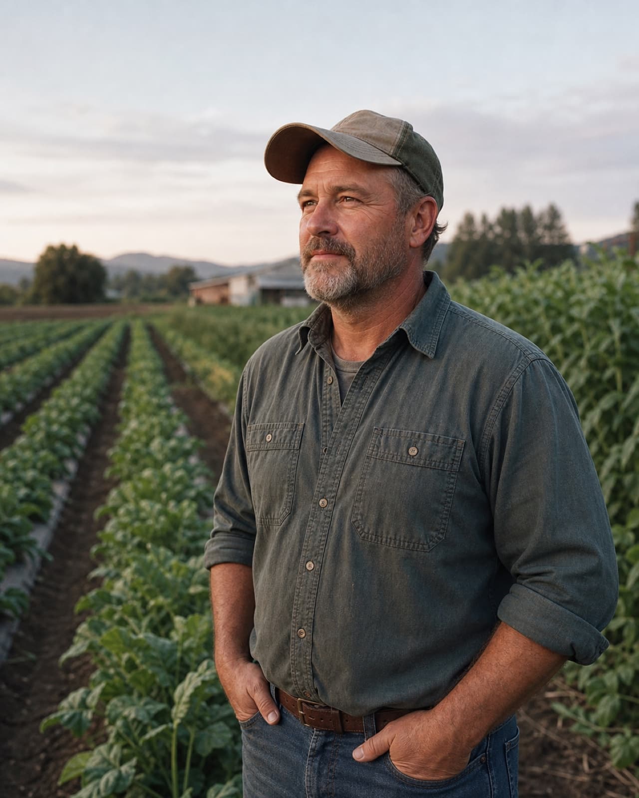 A produce operations professional standing in a vegetable field.