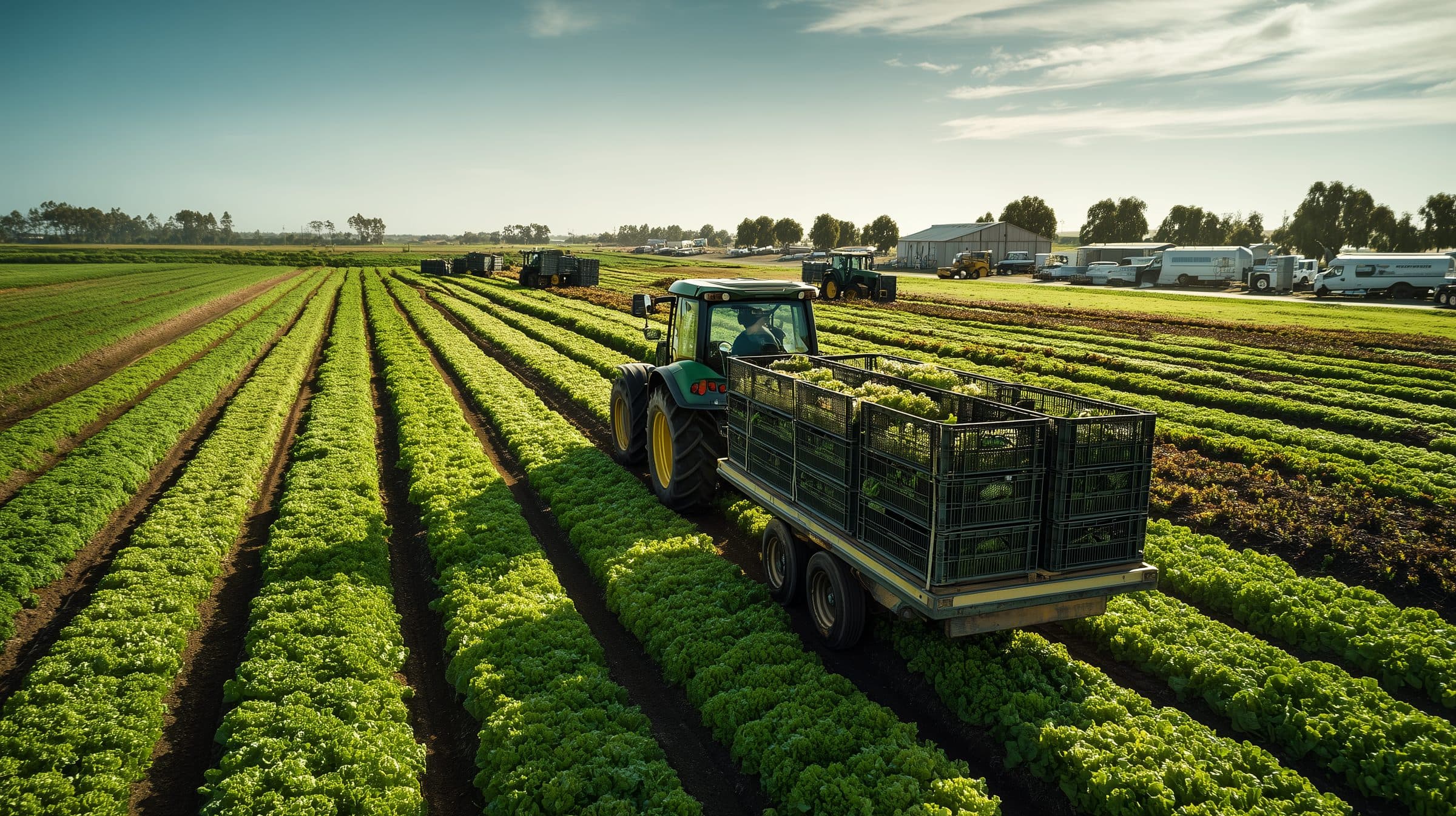 A tractor hauling harvest crates through rows of leafy crops