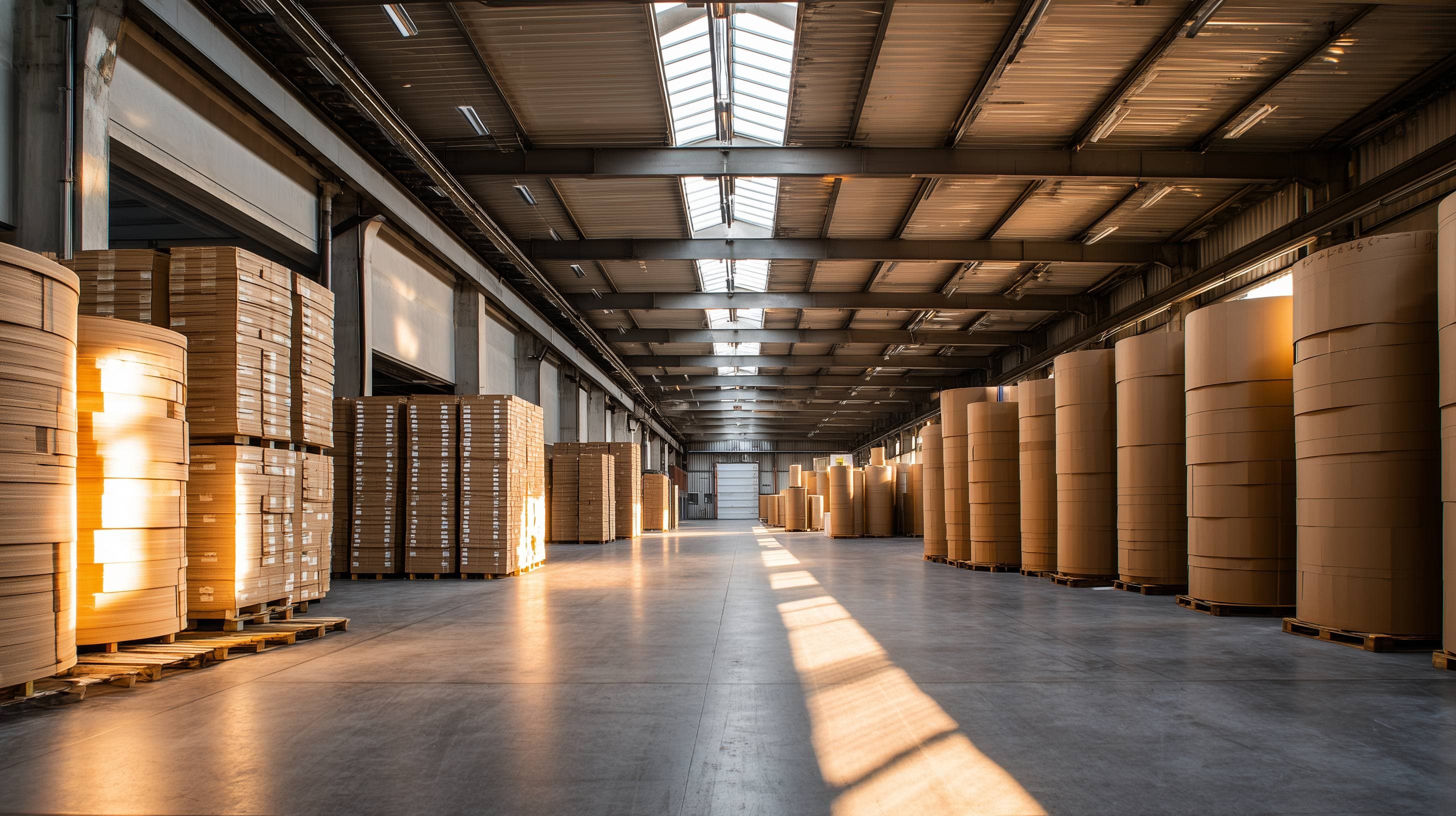 Stacked corrugated cartons and paper rolls inside a sunlit packaging plant