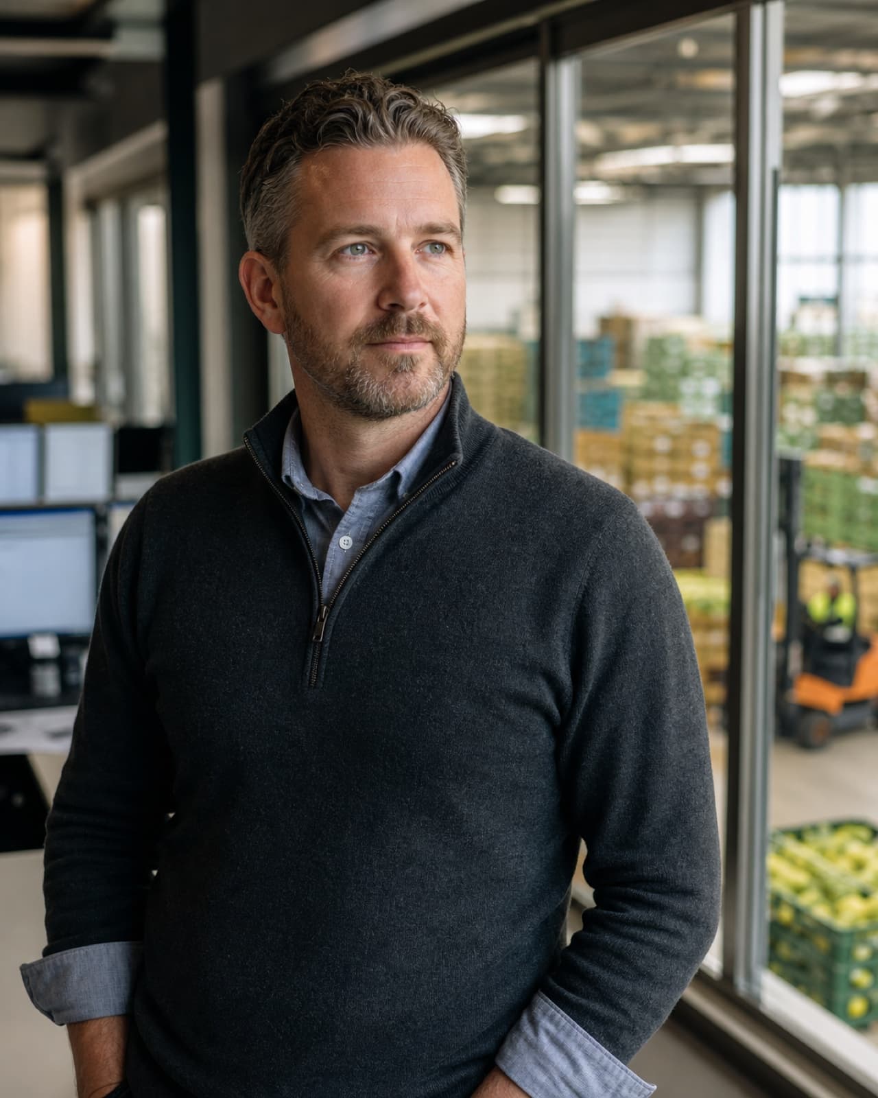 A produce systems professional inside a logistics office.